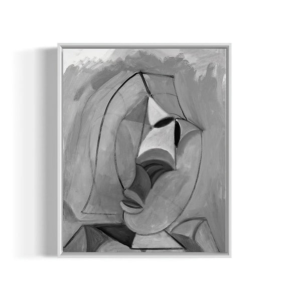 Gray monochromatic abstract portrait of a woman, comprised of geometric and curvilinear shapes and lines.